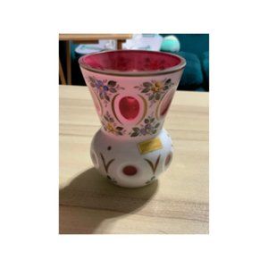 🍄Final Price🍄MINI ANTIQUE Moser White Overlay to Cranberry HAND PAINTED 1930's